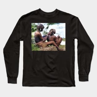 colorized vintage photo of Maasai doing hair Long Sleeve T-Shirt